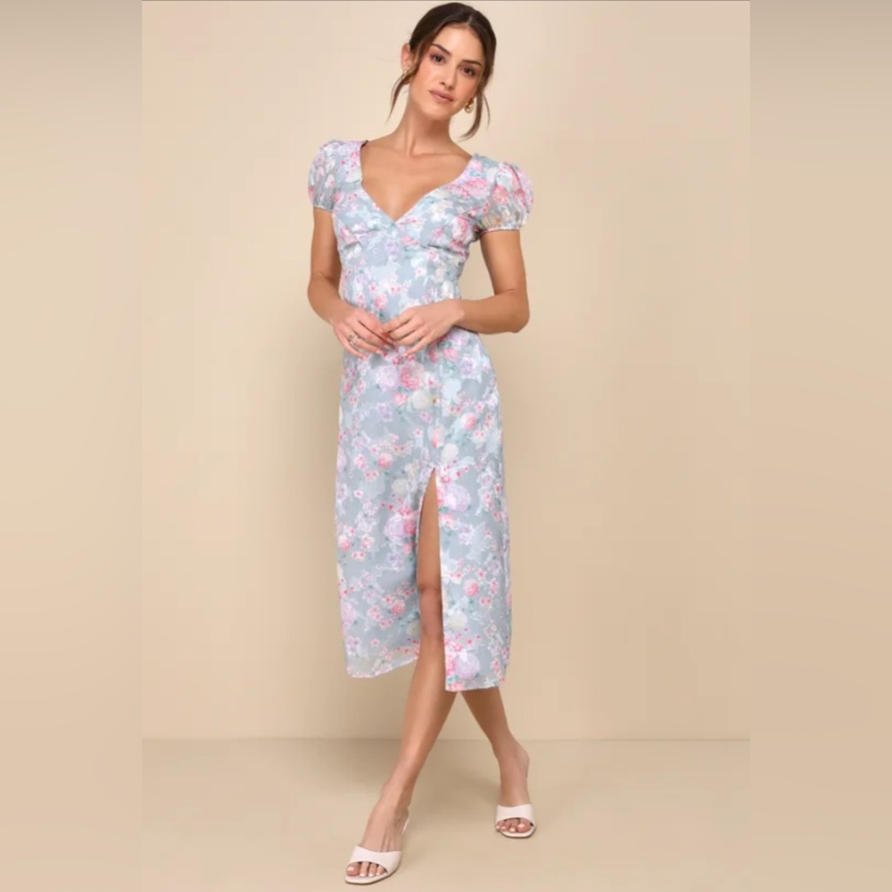 NWT Lulus Elegant Personality Slate Blue Floral Burnout Midi Dress